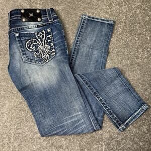 Miss Me Womens Skinny Jeans 27 Blue Medium Wash Fleur de Lis Embellished JP5360S